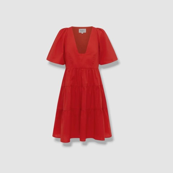 Bird & Knoll Dress Gigi Puff Sleeve Cotton Poplin Mini Red Size Small - Picture 2 of 9